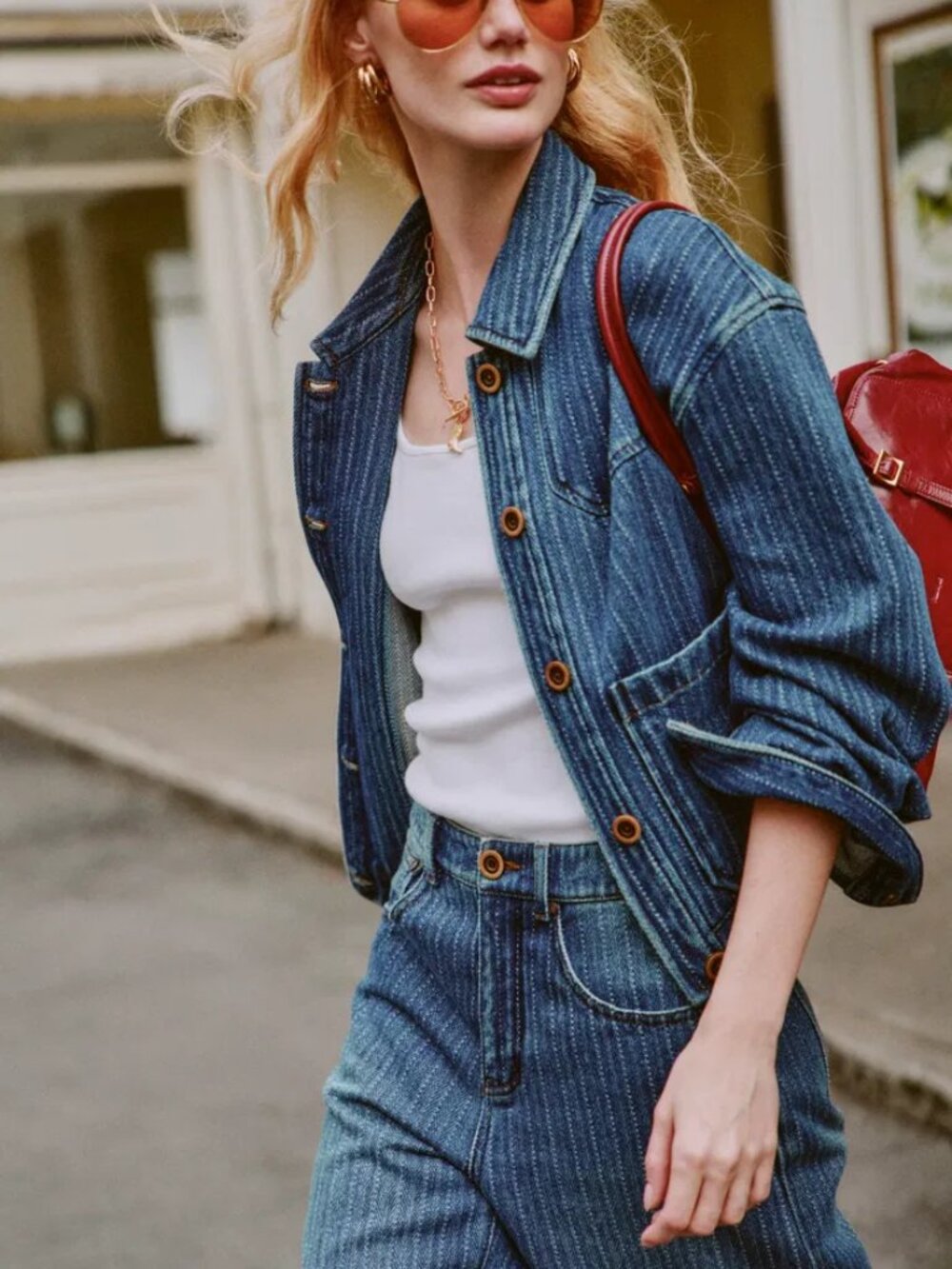 Fabrique Striped Washed Blue Pocket Jacket in Herringbone Denim | Size Small - Picture 6 of 11